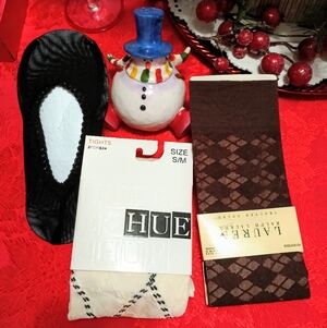 NWT Ralph Lauren Trouser Sock, HUE Ivory/Black Diamond Tights, Black Fishnet